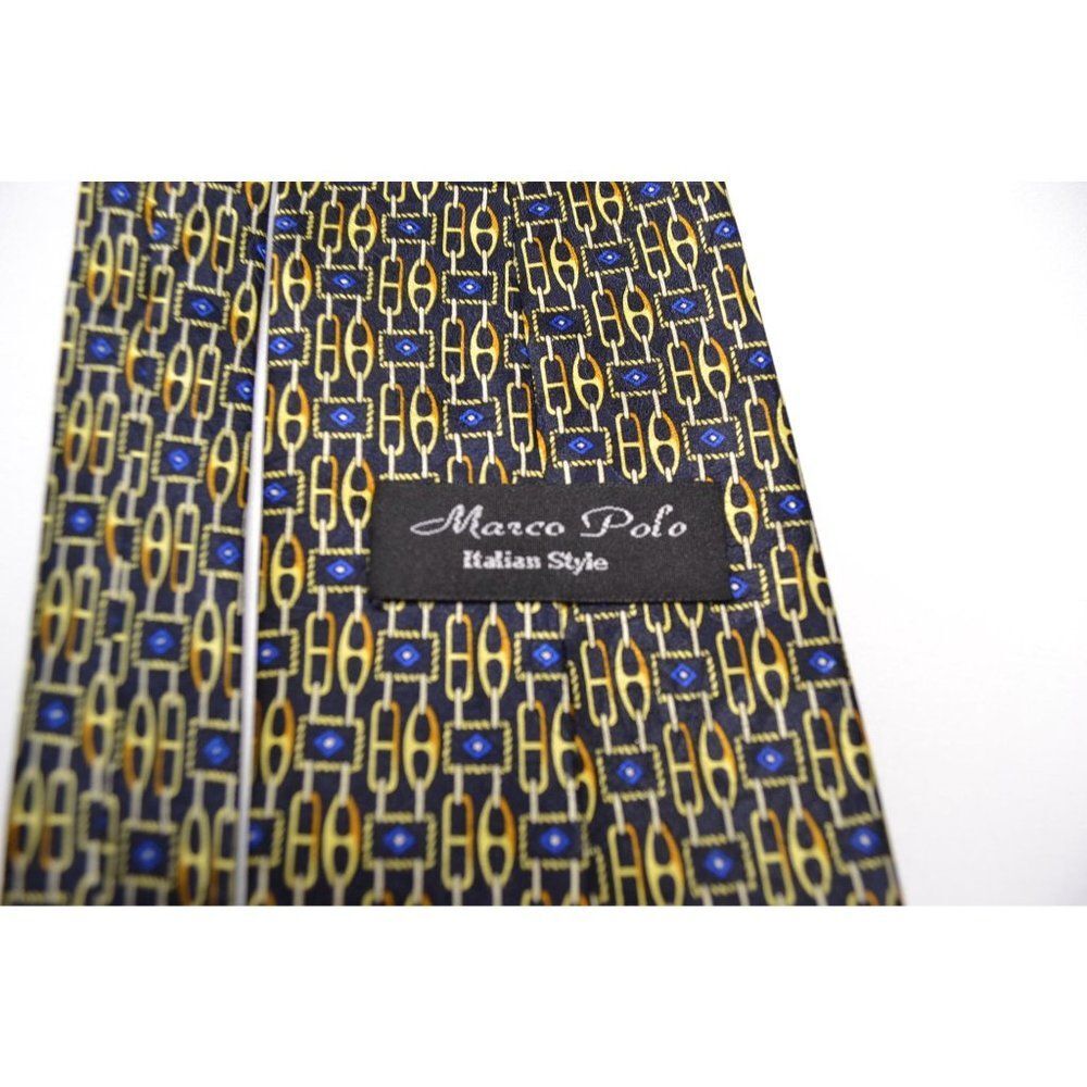 Marco Polo Italian Style Necktie Blue/Gold Geometric Chain-Link